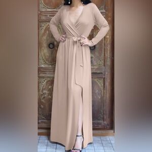 Elegant Tan Wrap Dress maternity shoot or wedding guest dress 3/4 sleeves small